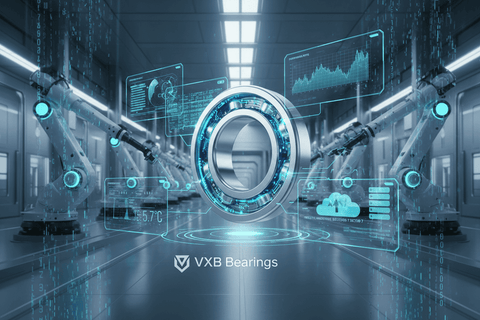 Smart bearing in futuristic factory setting with robotic arms and digital overlay, showcasing "The Future of Smart Bearings: Revolutionizing Industries."