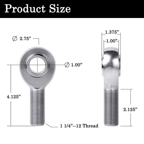 Dimensions of 1.25'' Heim Joint Rod End Kit, Chromoly joints with detailed measurements, threaded design.
