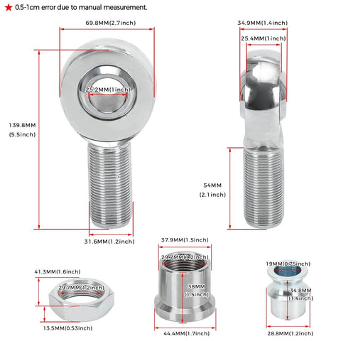 Diagram of 1.25 inch Heim Joint Rod End Kit, chromoly rod ends with measurements, heat treated, chrome plated, right and left hand thread.