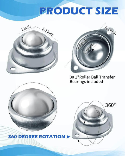Diagram showing 60 Pcs Surface Roller Ball Transfer Bearings 1 Inch Carbon Steel Ball Casters with size and 360-degree rotation