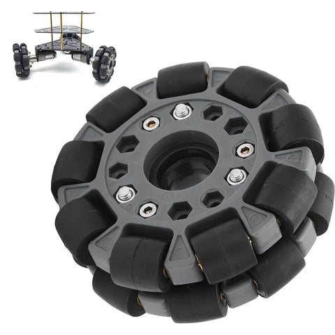 Omni Wheel for Robot 100mm 360 Degree Omnidirectional Plastic Wheel with Rubber Rollers and Brass Bearings, shown with robot.