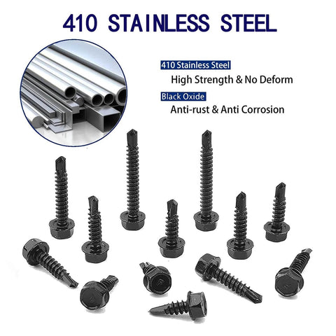 100pcs 410 Stainless Steel #10x1/2 Hex Washer Head Self Drilling Screws, Black Oxide Coated Self Tapping Tek Screws displayed