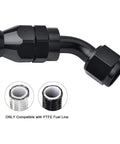 10AN PTFE Hose End Fitting, 45 degree black swivel fittings for PTFE fuel hose only, aluminum 6061 T6, 7/8-14 UNF thread.