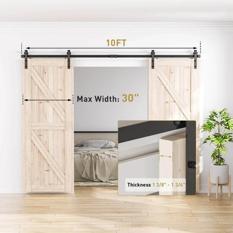 10 FT Double Sliding Barn Door Hardware Track Kit with J Shape Hanger, aluminum track system installed on wood slab doors in bedroom.