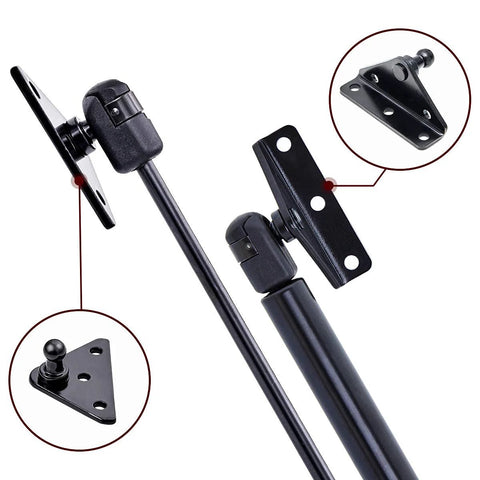 Close-up view of 10mm Ball Stud Gas Spring Mounting Bracket Kit with L and flat type brackets on gas shocks