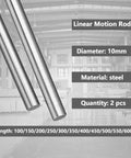 2Pcs 10mm x 200mm Linear Rail Rod Shafts displayed with size and material specs, case hardened chrome plated C45 carbon steel.