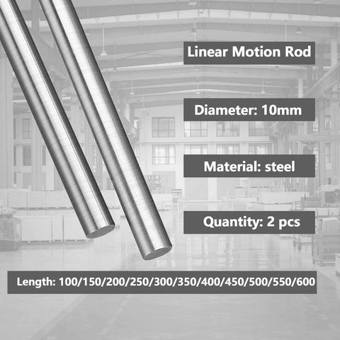2Pcs 10mm x 200mm Linear Rail Rod Shafts displayed with size and material specs, case hardened chrome plated C45 carbon steel.