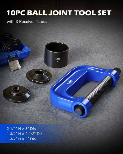 Ball Joint Press Kit, Heavy Duty Ball Joint Removal Tool Kit with 4x4 Adapters displayed with 10-piece tool set and receiver tubes