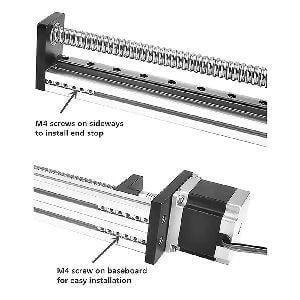 Close-up of 11" Actuator NEMA 23 CNC Ballscrew Linear Motion Slide Rail Table with motor and screws for installation.
