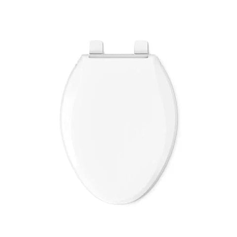 White elongated toilet seat with closed lid and metal hinges.