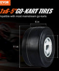 Go Kart Tires and Rims, 11x6-5" Go Kart Wheels, close-up of black rubber tire with aluminum alloy rim, with size dimensions.