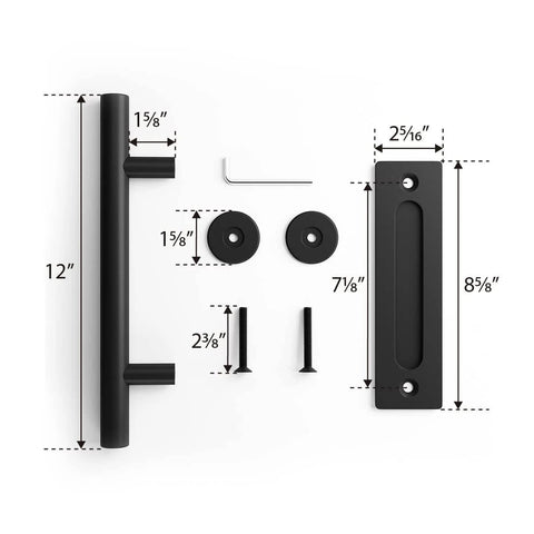 12 inch heavy duty sliding barn door handle with pull and flush finger hardware set, black powder coated finish, components layout