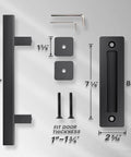 Image of 12 inch sliding barn door handles and pulls double sided hardware set with measurements and components shown.