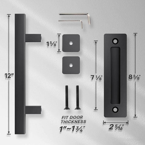Image of 12 inch sliding barn door handles and pulls double sided hardware set with measurements and components shown.