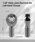 1.25 inch Heim Joint Rod End Kit, left hand thread chromoly rod end for steering & suspension, shown with dimensions
