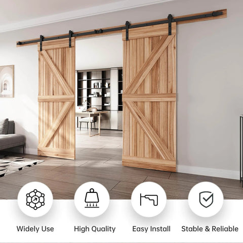 12 FT Double Door Sliding Barn Door Hardware Track Kit with Straight Pulley installed in living room for wide doorway