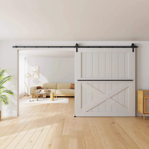 12FT Sliding Barn Door Hardware Kit for Single Doors up to 72 Inch installed in living room with carbon steel track and quiet rollers