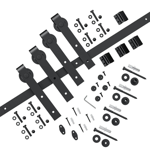 12 FT Double Sliding Barn Door Hardware Track Kit for Wood Slab Doors with J Shape Hanger Design and mounting parts layout
