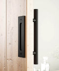 12 inch heavy duty sliding barn door handle with pull and flush finger hardware set, large rustic round black finish installed on door