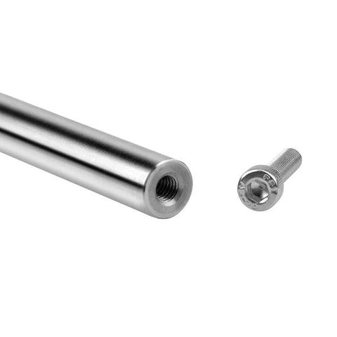 Close-up of 12mm Chrome Plated Linear Rods 350mm Long with M6 Internal Threaded Ends and mounting bolt for easy installation.
