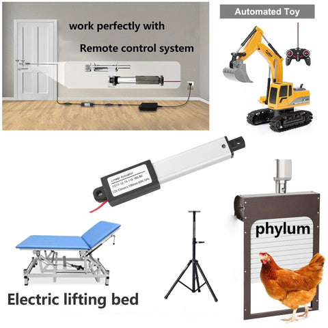 Compact 12V linear actuator used in remote systems, lifting beds, and automated toys, showcasing versatile applications.