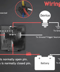 Diagram of Heavy Duty Two Pack 12V Relay Kit With 5 Pin SPDT And Harness, wiring connections to battery and device.