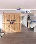 Installed 14 FT Heavy Duty Sliding Barn Door Hardware Track Kit with Straight Pulley for 84" wide door, showing dimensions.