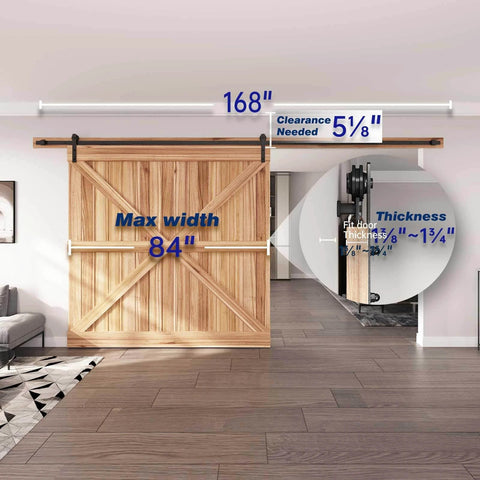 Installed 14 FT Heavy Duty Sliding Barn Door Hardware Track Kit with Straight Pulley for 84" wide door, showing dimensions.