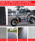 14X2.125 Tubeless Tire installed on electric bike, cement asphalt slippery gravel roads, grip and skid resistance, tire texture visible.