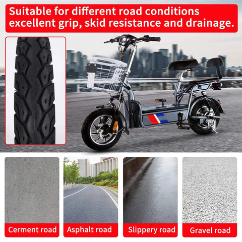 14X2.125 Tubeless Tire installed on electric bike, cement asphalt slippery gravel roads, grip and skid resistance, tire texture visible.