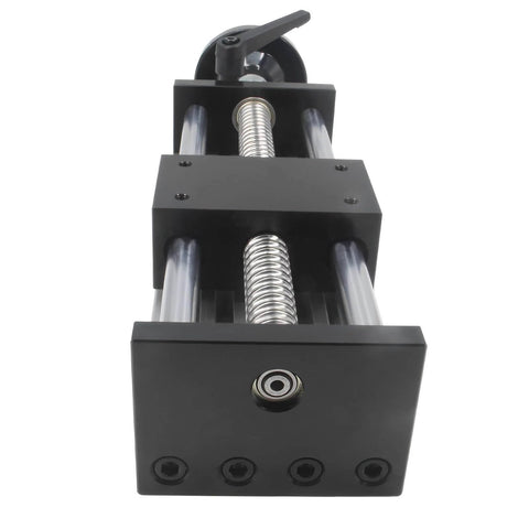 Front view of 150mm Effective Travel Dual Optical Axis Manual Sliding Table with SFU1605 Ball Screw, Linear Rail Guide and Handwheel