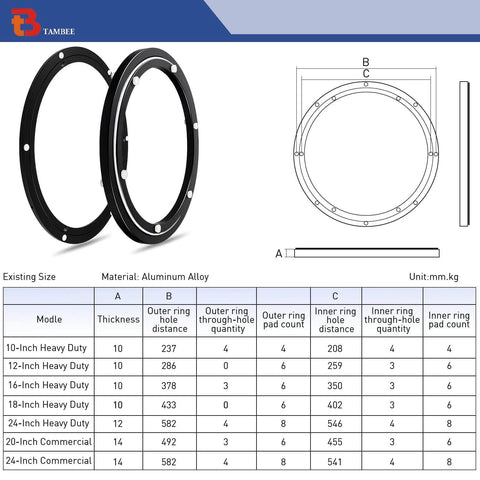Diagram and specifications for 16 Inch Lazy Susan Hardware Heavy Duty Metal Rotating Turntable Bearing Ring Black Base.