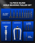 Blind Hole Collet Bearing Race and Seal Puller Extractor Kit, Slide Hammer Pilot Insert Inner Bearing Removal Tool Set, 16 Pieces.