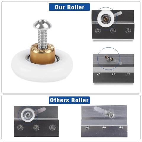 Comparison of our 19mm Shower Door Rollers Replacement Set with 304 stainless steel runners to other rollers for sliding glass doors.