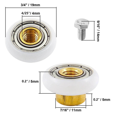 Close-up of 4PCS Shower Door Roller Runners 19mm Sliding Replacement Wheels showing dimensions and materials like POM and copper.