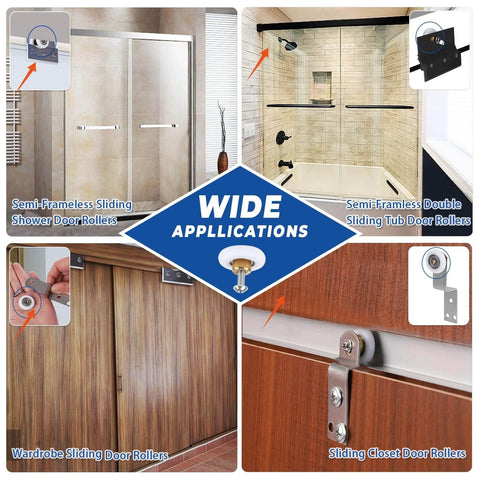 Wide applications for 19mm Shower Door Rollers Replacement Set with 304 stainless steel runners, shown on sliding doors and showers