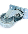 Close-up view of a 2 Inch Heavy Duty All Steel Swivel Plate Caster Wheel, High Gauge Gray Metal with Double Ball Bearings, 360 Degree Rotation.
