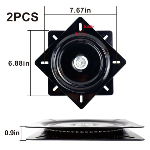 2 Pack 7 Inch Square Lazy Susan Turntable Bearings, Heavy Duty Zinc Plated Swivel Hardware, top and side view with measurements