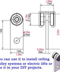 Diagram of 2 Wheel Trolley Assembly Rollers with dimensions, dual bearings, hot rolled carbon steel, galvanized for strut channels.