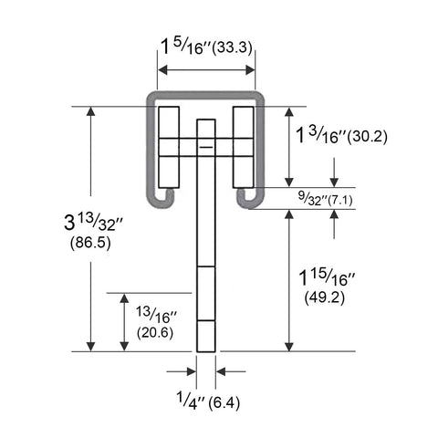 Technical diagram of 2 Wheel Trolley Assembly Rollers with Dual Bearings for 1-5/8 Inch & Taller Strut Channel dimensions and specifications.