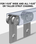 2 Wheel Trolley Assembly Rollers with Dual Bearings for 1-5/8 Inch & Taller Strut Channel, hot rolled carbon steel close-up