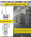 Diagram of 2 Wheel Trolley Assembly Rollers with Dual Bearings for 1-5/8 Inch & Taller Strut Channel, dimensions and warehouse setting.