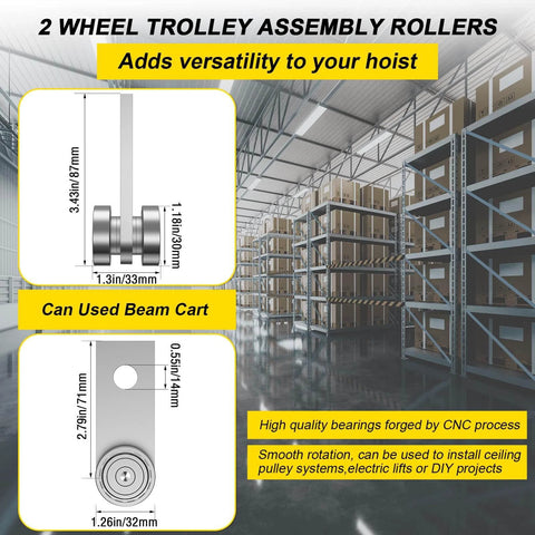Diagram of 2 Wheel Trolley Assembly Rollers with Dual Bearings for 1-5/8 Inch & Taller Strut Channel, dimensions and warehouse setting.