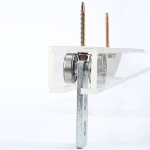 Side view of 2 Wheel Trolley Assembly Rollers with Bearing Design and Set Screw Clearance in a 1-5/8 Inch Strut Channel