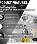 Product features of 2 Wheel Trolley Assembly Rollers for 1-5/8 Inch & Taller Strut Channel, showing silent operation and stability.
