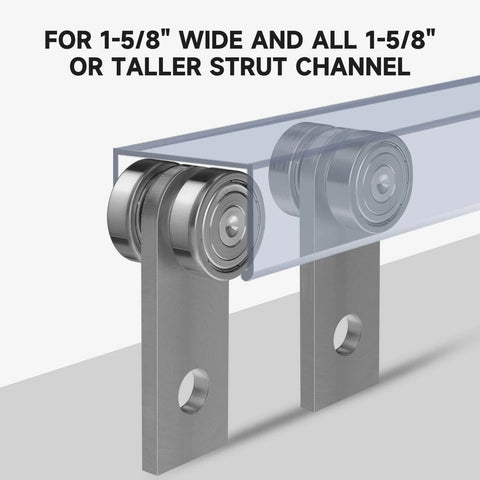 2 Wheel Trolley Assembly Rollers with Dual Bearings for 1-5/8 Inch & Taller Strut Channel, side view on track