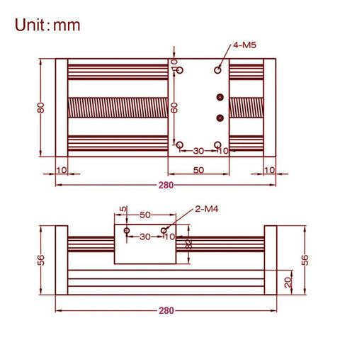 Technical drawing of 200mm Effective Travel Dual Optical Axis Manual Sliding Table with SFU1605 Ball Screw and Linear Rail Guide dimensions.