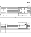 Technical diagram of 200mm Travel Linear Stage Actuator with SFU1605 Ball Screw and NEMA17 Stepper Motor, square rails, dimensions in mm.