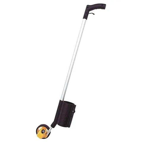 Built Tough Measuring Wheel With Spray Paint Trigger And Pistol Grip Dead On Foot Inch Tracking Beefy Abs Drum profile view with sturdy ABS handle.
