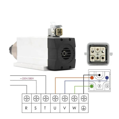 2.2kW ER25 air-cooled spindle, ceramic ball bearings, rear view with wiring diagram, 220V/380V inverter ready, CNC flange.